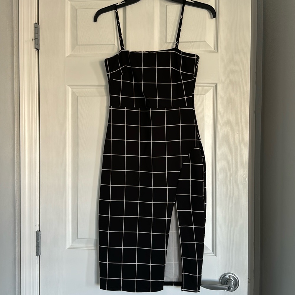 ANGL Black and White Spaghetti Strap Dress with Slit